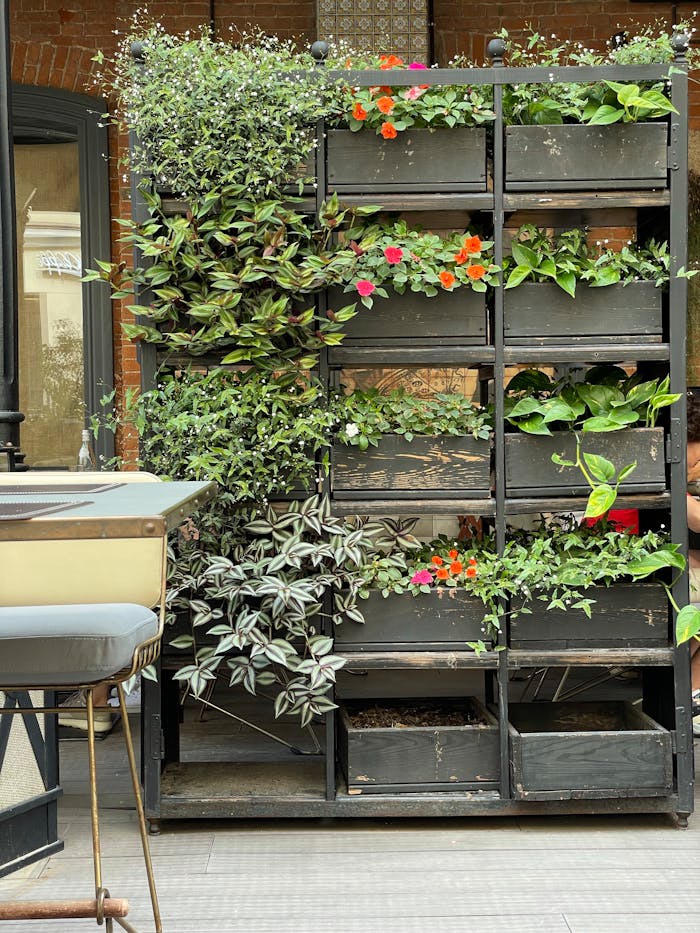 Outdoor vertical garden shelf with diverse plants creates a modern, nature-inspired decor.